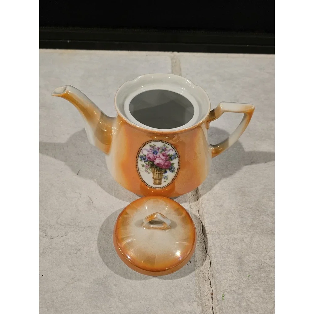 VTG Eleanor of‎ Germany Burnt Orange Lusterware Teapot Porcelain Floral Basket